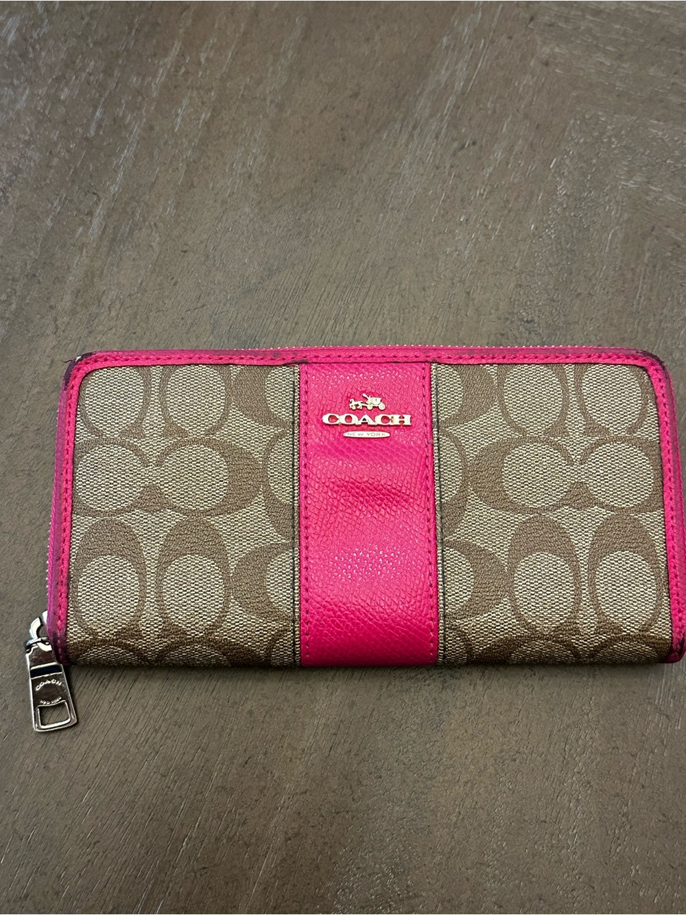 Coach Brown Canvas Zip Wallet with Hot Pink Trim